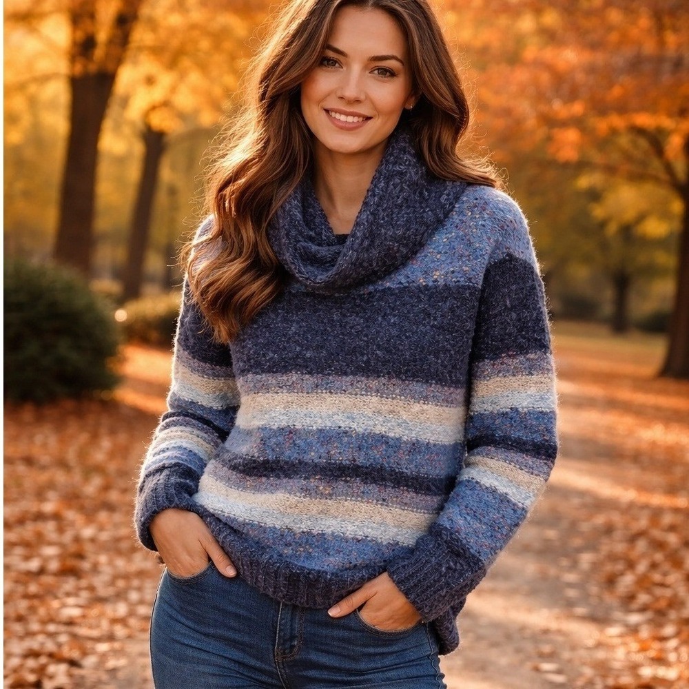 Knitizen Womens Cowl Neck Striped Boucle Knit Sweater Blue Multi Size Medium